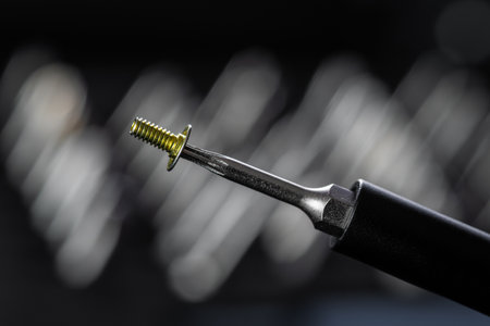 Torx drive bit and aluminum magnetized bit driver closeup. Screwdriver handle with magnetic bit socket and knurled grip.の写真素材