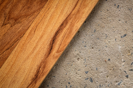Concrete, wood texture background floor. Closeup of wooden and cement wall with copy space.の写真素材