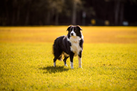 Border Collie dog standing in park. Purebred male canine posing on yellow grass, trees in backgroundの写真素材