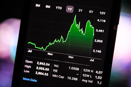 Share stock market going up, green chart on mobile phone. Business trading finance concept. Stock...