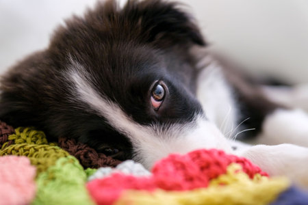 Border Collie puppy resting on white leather sofa. Pure bred dog pup eye close up.の写真素材