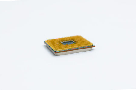 CPU Central Processing Unit or microchip computer isolated on white background. Pin side of a CPU...