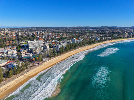 Aerial view on famous Manly Beach and Manly, Sydney, Australia. View on Sydney oceanfront suburb from above. Aerial view on Sydney Northern Beaches, Manly and Manly Beach.の写真素材