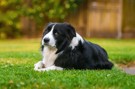 Beautiful Border Collie lying on the grass at sunset, captured in natural light with shallow depth of field and warm bokeh background.の写真素材