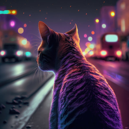 a cat in the middle of the road looking at the cars - Generative AIの素材