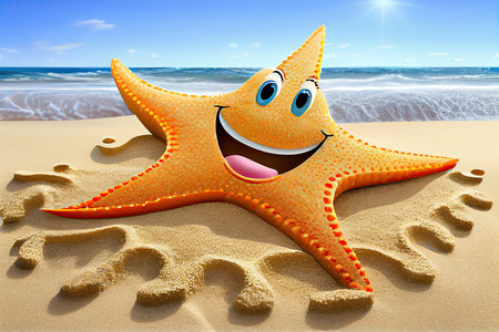 Illustration of a starfish on the sand, Generative AIの素材