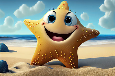 Smiling starfish on a beach, Generative AIの素材