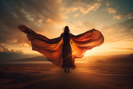 A woman in a long dress standing on a beach at sunset, Generative AIの素材