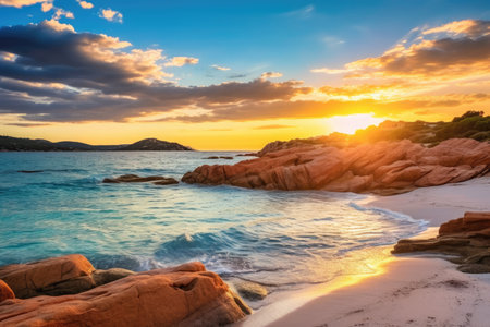 The sun is setting over the water at the beach, Generative AIの素材