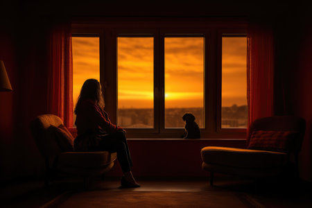 A woman sitting in a chair looking out a window, Generative AIの素材