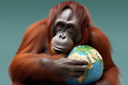 A monkey holding a globe in its hands, Generative AIの素材
