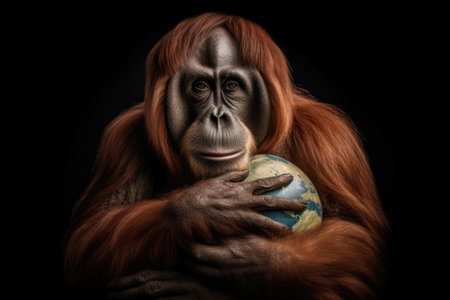A close up of a monkey holding a globe, Generative AIの素材