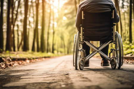 A person in a wheelchair on a path in the woods, Generative AIの素材