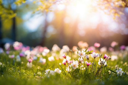 A field of flowers with the sun shining through the trees, Generative AIの素材