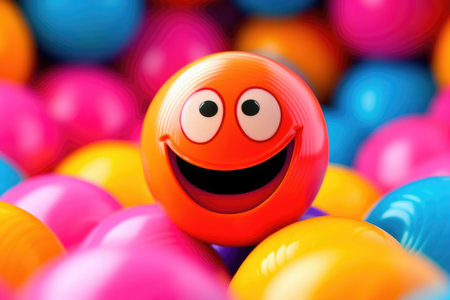 An orange ball with a happy face surrounded by colorful balls, Generative AIの素材