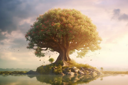 A tree on a small island in the middle of a lake, Generative AIの素材