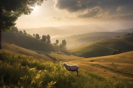 A sheep standing in a grassy field with mountains in the background, Generative AIの素材