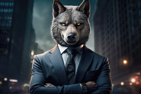 A man in a suit with a wolf mask on, Generative AIの素材