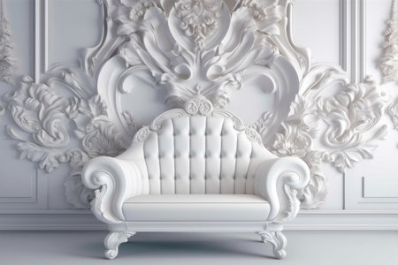A white couch sitting in front of a white wall, Generative AIの素材