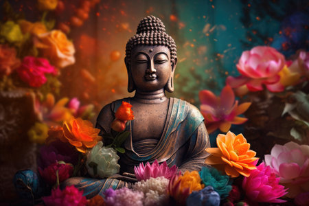 A buddha statue surrounded by flowers and petals, Generative AIの素材