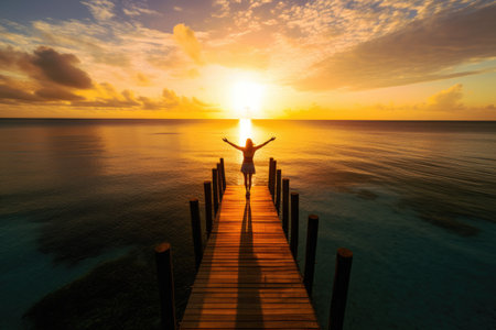 A person standing on a dock at sunset, Generative AIの素材