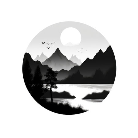 A black and white picture of mountains and a lake, Generative AIの素材
