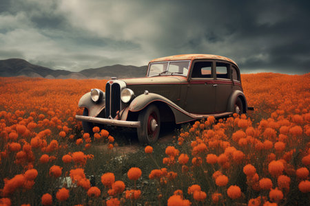 An old car is parked in a field of flowers, Generative AIの素材