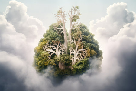 A tree in the middle of a cloud filled sky, Generative AIの素材