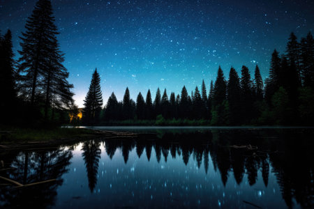 The night sky is reflected in the still water of a lakeの素材