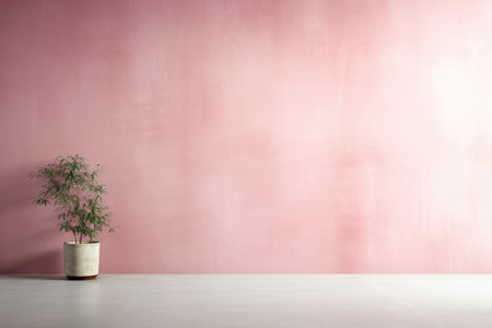 A potted plant on a table in front of a pink wallの素材