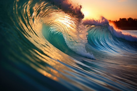 The sun is setting behind a large waveの素材