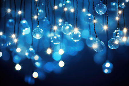 A bunch of blue lights hanging from a ceilingの素材