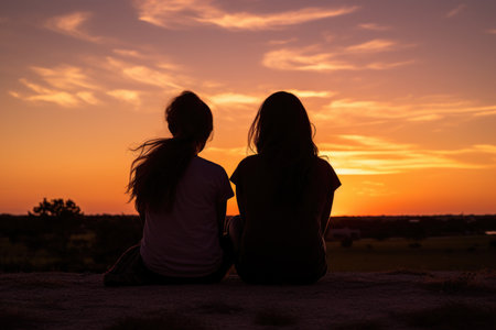 Two girls sitting on a hill watching the sunsetの素材