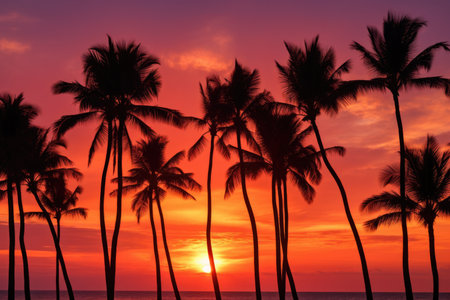 A sunset with palm trees blowing in the windの素材