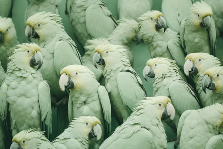 A large group of green parrots sitting togetherの素材