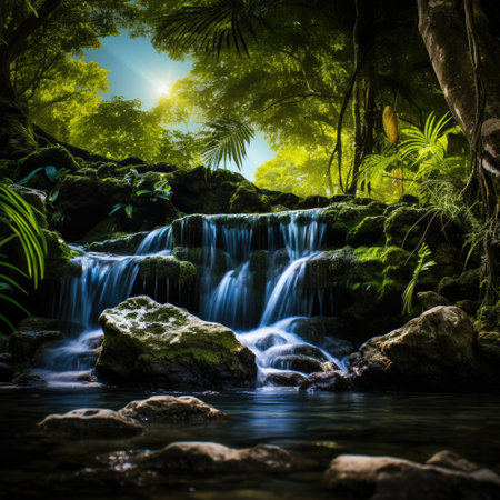 A small waterfall in the middle of a forestの素材