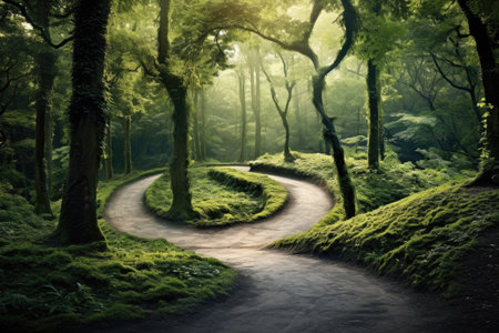 A winding road in the middle of a lush green forestの素材