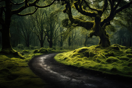 A dirt road in the middle of a lush green forestの素材