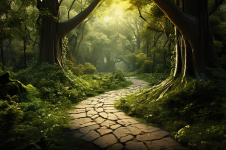 A path through a lush green forest filled with treesの素材