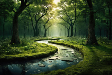 A stream running through a lush green forestの素材