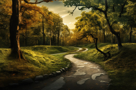 A painting of a path through a forestの素材