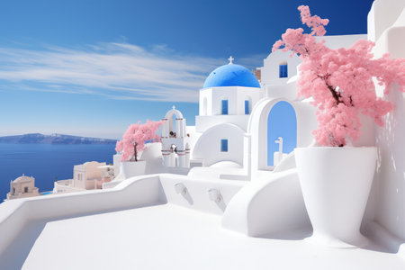A white building with blue domes and pink flowersの素材