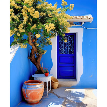 A potted plant next to a blue doorの素材