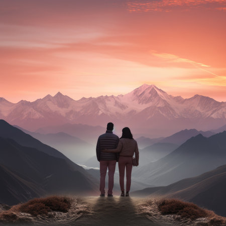 Two people standing on top of a hill looking at the mountainsの素材