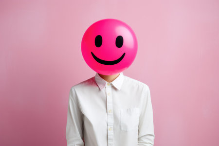A person with a pink balloon over their headの素材