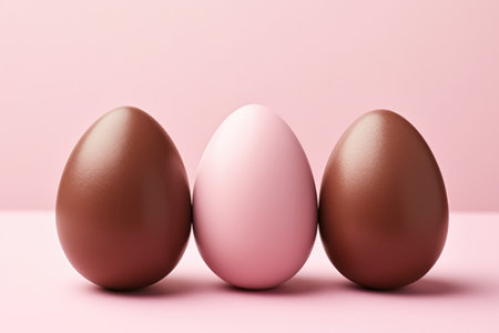 Three brown and pink eggs on a pink backgroundの素材