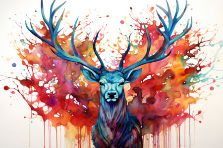 A painting of a deer with colorful paint splattersの素材