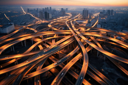 An aerial view of a highway intersection at nightの素材