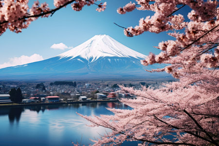 A view of a mountain with cherry blossoms in the foregroundの素材
