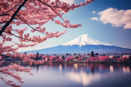 A lake with a mountain in the backgroundの素材